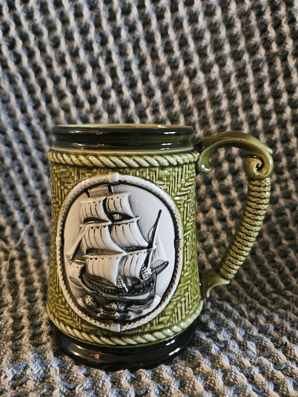 Olive Green Ceramic Ship Relief Mug